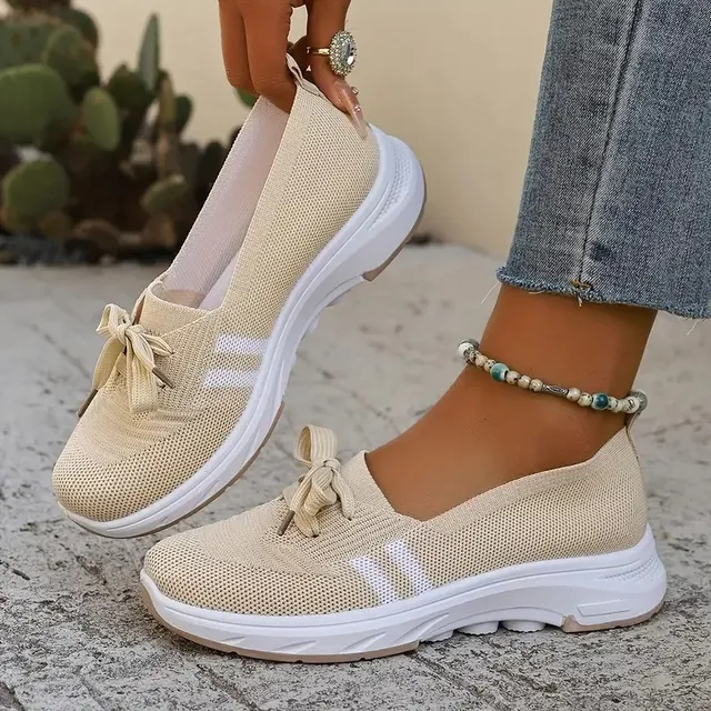 🌟Autumn Best Seller🌟Women’s Breathable Knit Slip-On Sneakers with Bow – Lightweight Low-Top Casual Shoes in Beige & White for Everyday Comfort