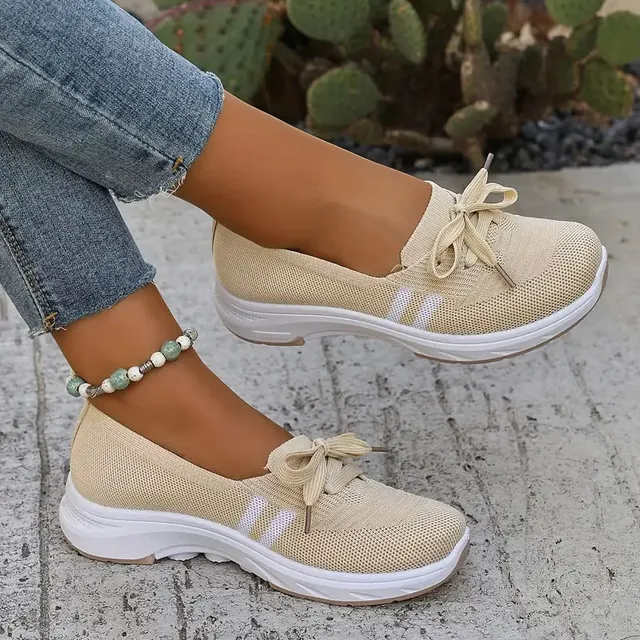 🌟Autumn Best Seller🌟Women’s Breathable Knit Slip-On Sneakers with Bow – Lightweight Low-Top Casual Shoes in Beige & White for Everyday Comfort
