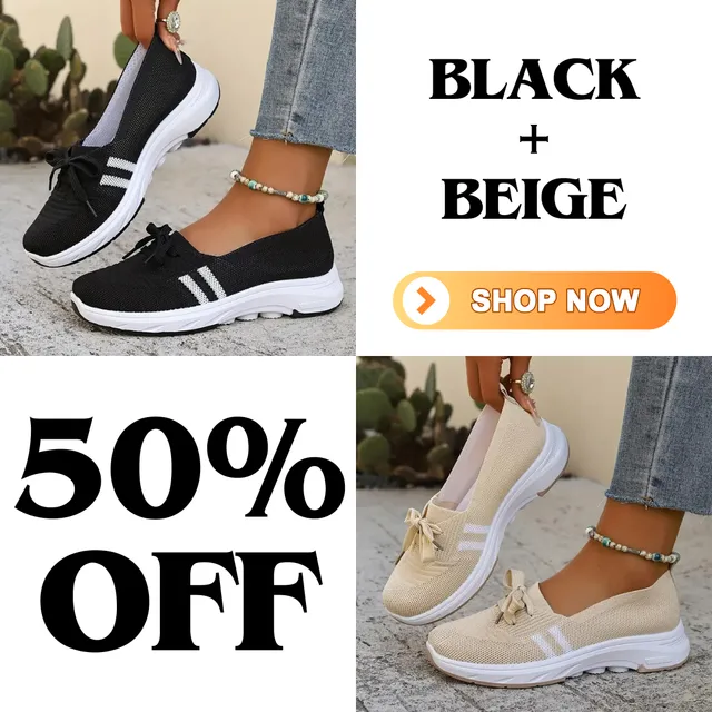 🌟Autumn Best Seller🌟Women’s Breathable Knit Slip-On Sneakers with Bow – Lightweight Low-Top Casual Shoes in Beige & White for Everyday Comfort