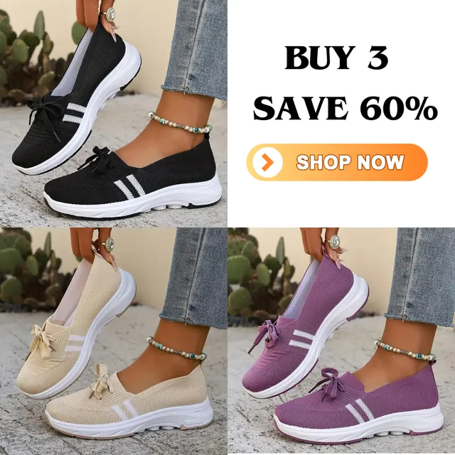 🌟Autumn Best Seller🌟Women’s Breathable Knit Slip-On Sneakers with Bow – Lightweight Low-Top Casual Shoes in Beige & White for Everyday Comfort