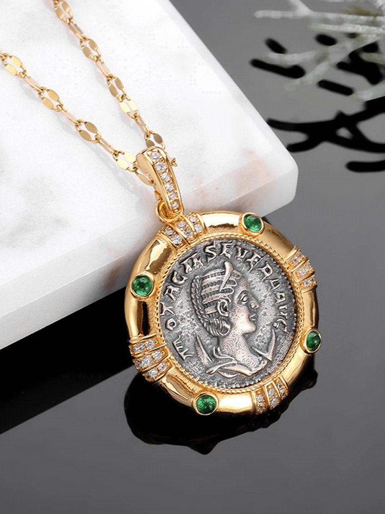 Ancient Coin Goddess Green Pendant