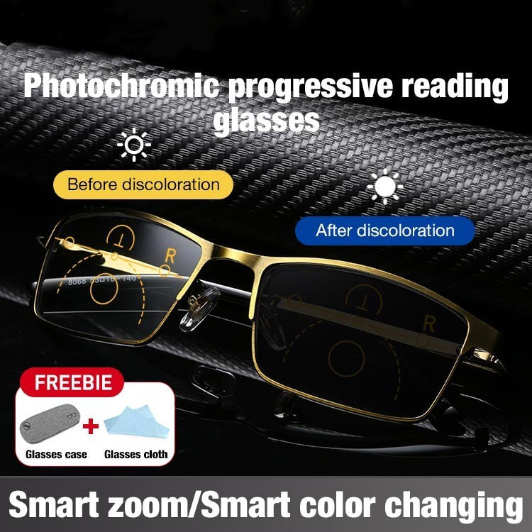 Photochromic progressive reading glasses-Light-sensing intelligent color change, usable from near and far, protecting your eyes